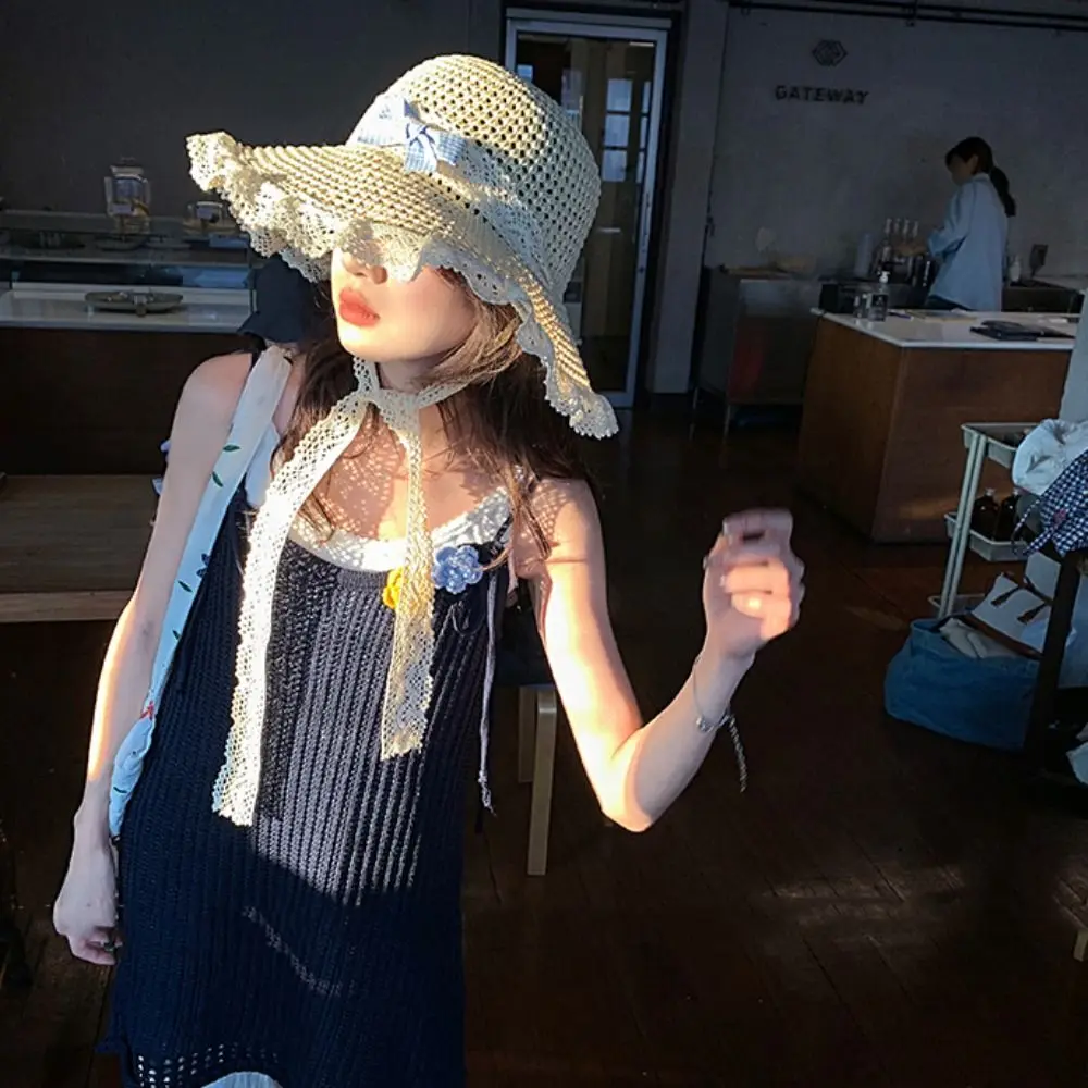 

Elegant Sweet Bow Ribbon Straw Hat French Style Foldable Lace Bucket Hat Beach Big Brim Women's Sun Hat Travel