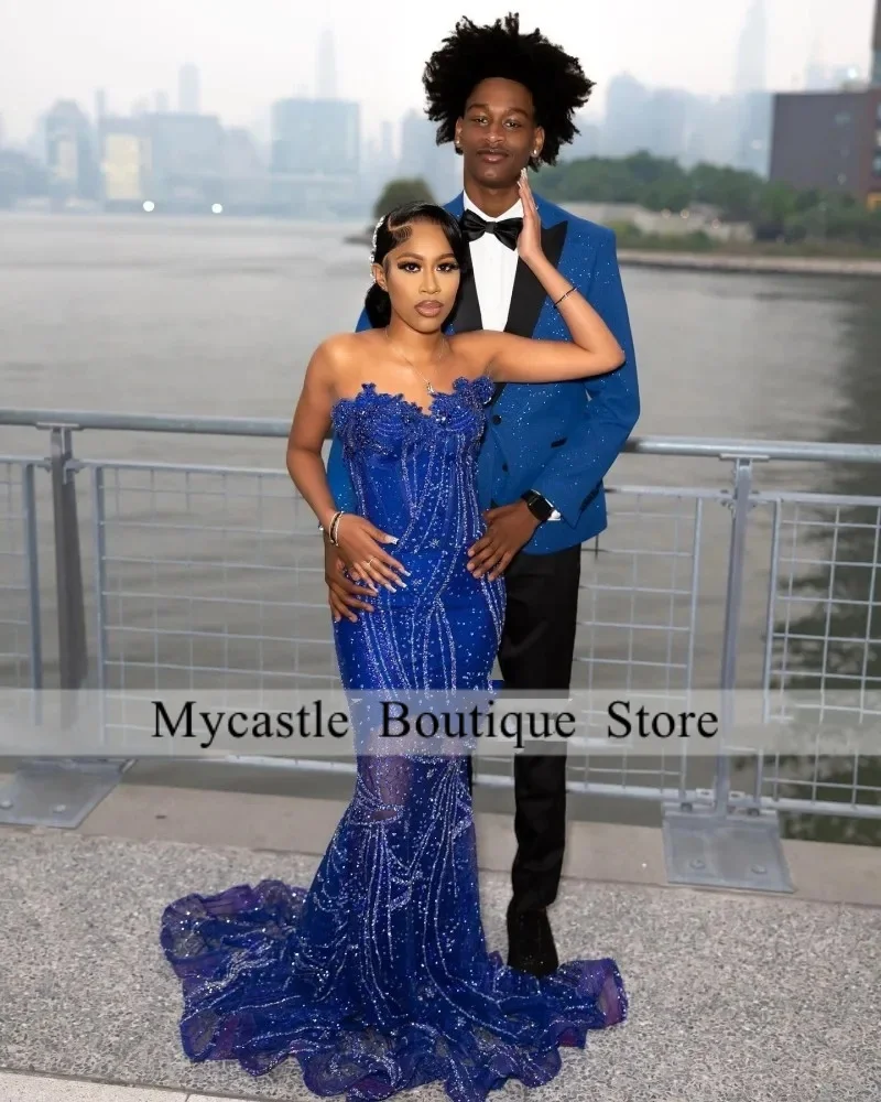 Luxury Blue Prom Dresses 2026 Sweetheart Sequin Beads Mermaid Party Gowns For Black Girls Maxi vestidos de graduación Customized