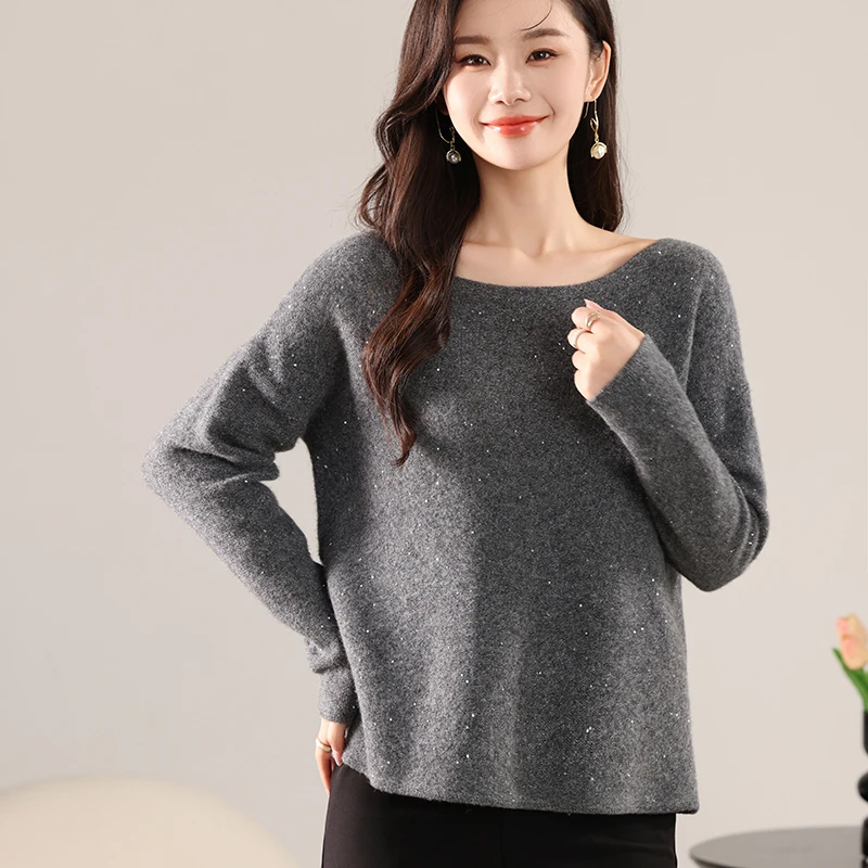 Premium wool one neck sequin lazy knit sweater for women, 24 autumn new style, long sleeved loose sweater, inner layer