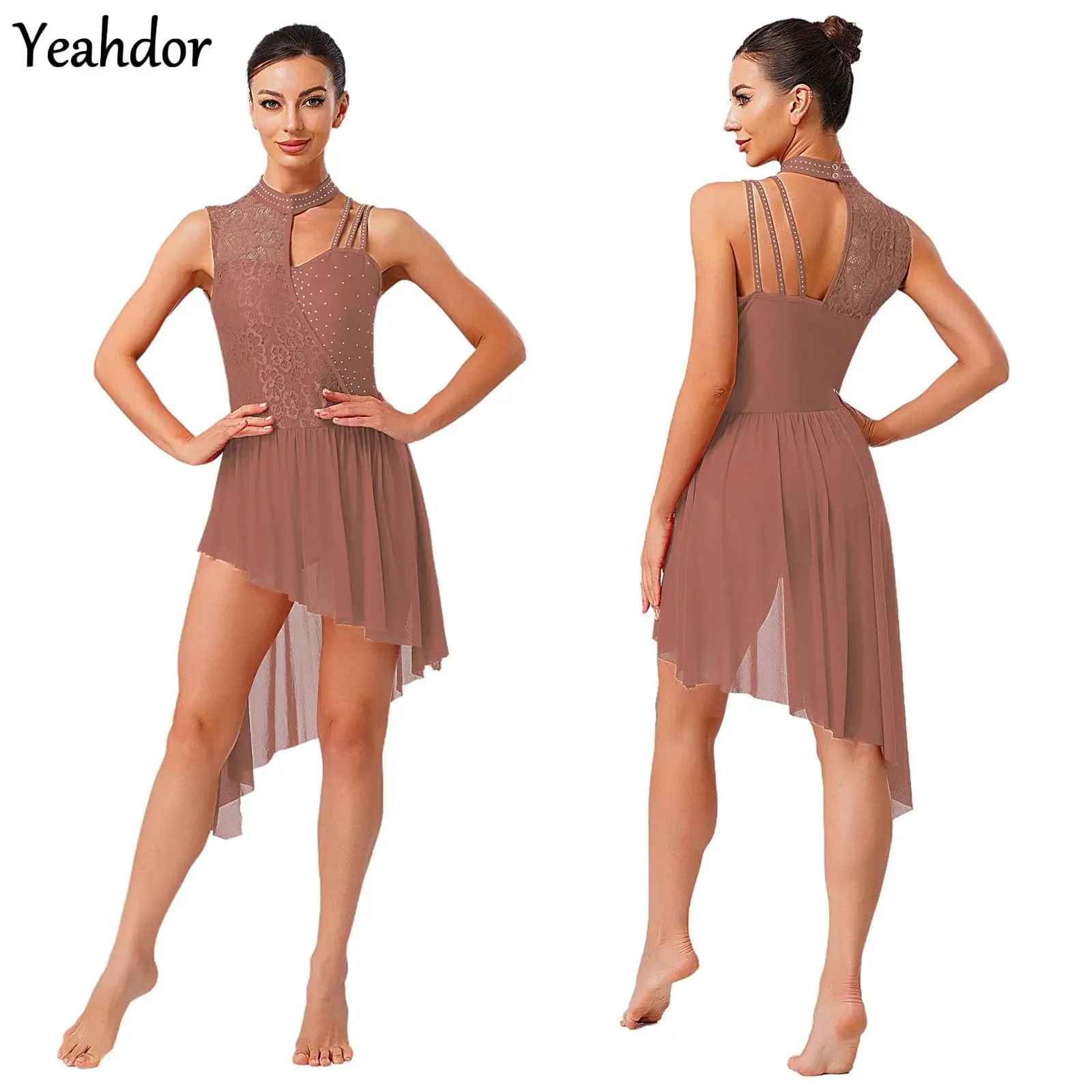 

Women Modern Lyrical Dance Dress Floral Lace Rhinestones Gymnastics Ballet Dance Leotard Dress Waltz Latin Skating Dancewear