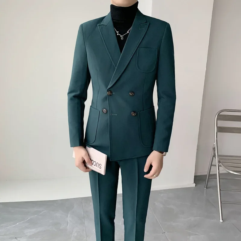 Boutique Suit + Trousers Korean Version of The British Style Gentleman Fashion Business Solid Color Casual Double-breasted Suit