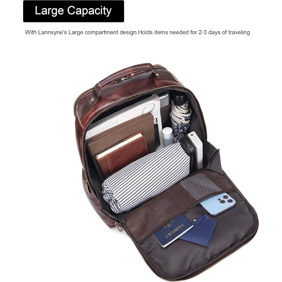 حقيبة ظهر كلاسيكية من الجلد المحبب بالكامل للرجال مقاس 17.3 بوصة حقيبة كمبيوتر محمول كاجوال حقيبة كتف طوال الليل للأعمال/المشي لمسافات طويلة/السفر