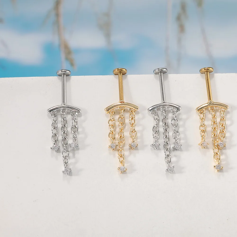 Vertical Helix Piercing 16G Chain CZ Transparent Pendant Hidden Helix Silver Gold Flat Back Ohrring Vertical Rook Tragus