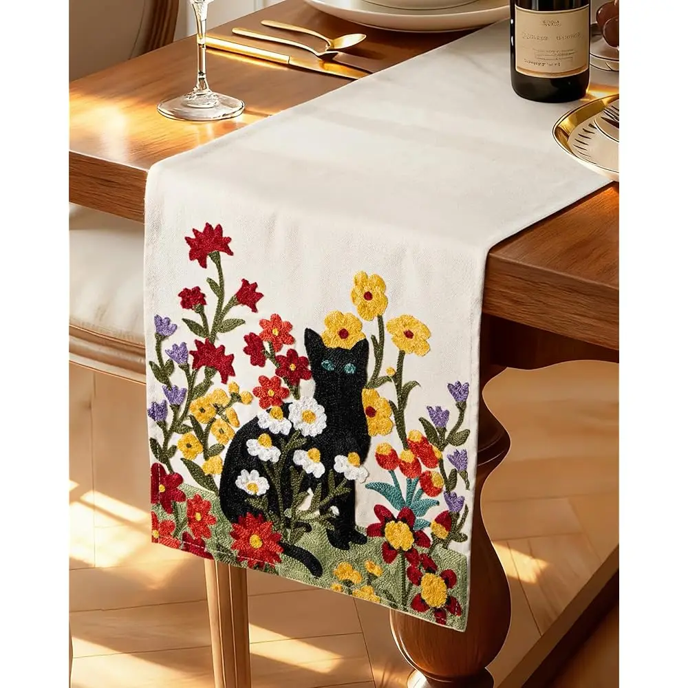Canvas Embroidered Table Runner - 13x72 Inch Spring Floral Runner for Table Decor Boho Farmhouse Retro Kitchen Dining for Hom