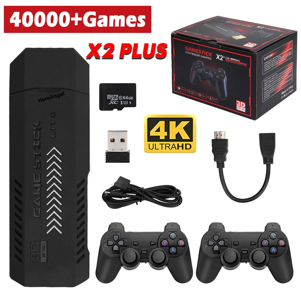 X2 Plus Gamestick 3D Retro Video Tay Cầm Chơi Game Không Dây 2.4G Bộ Điều Khiển HD 4.3 Hệ Thống 40000 Trò Chơi 40 Trình Giả Lập Cho SEGA/PSP/PS1