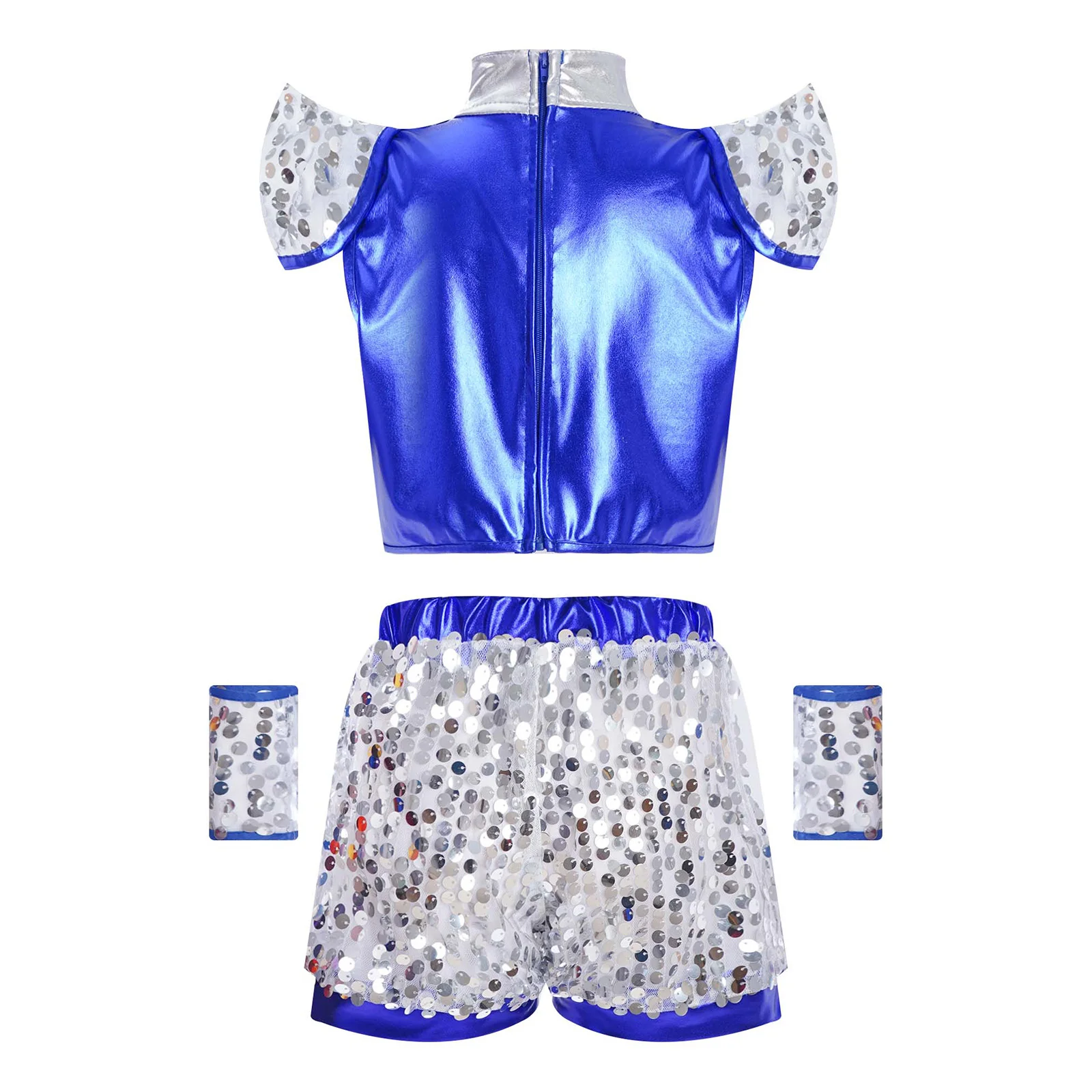 Kids Boys Shiny Sequins Cheerleading Jazz Dance Performance Costume Cap Sleeve Crop Top with Shorts And 1 Pair Cuffs Dancewear