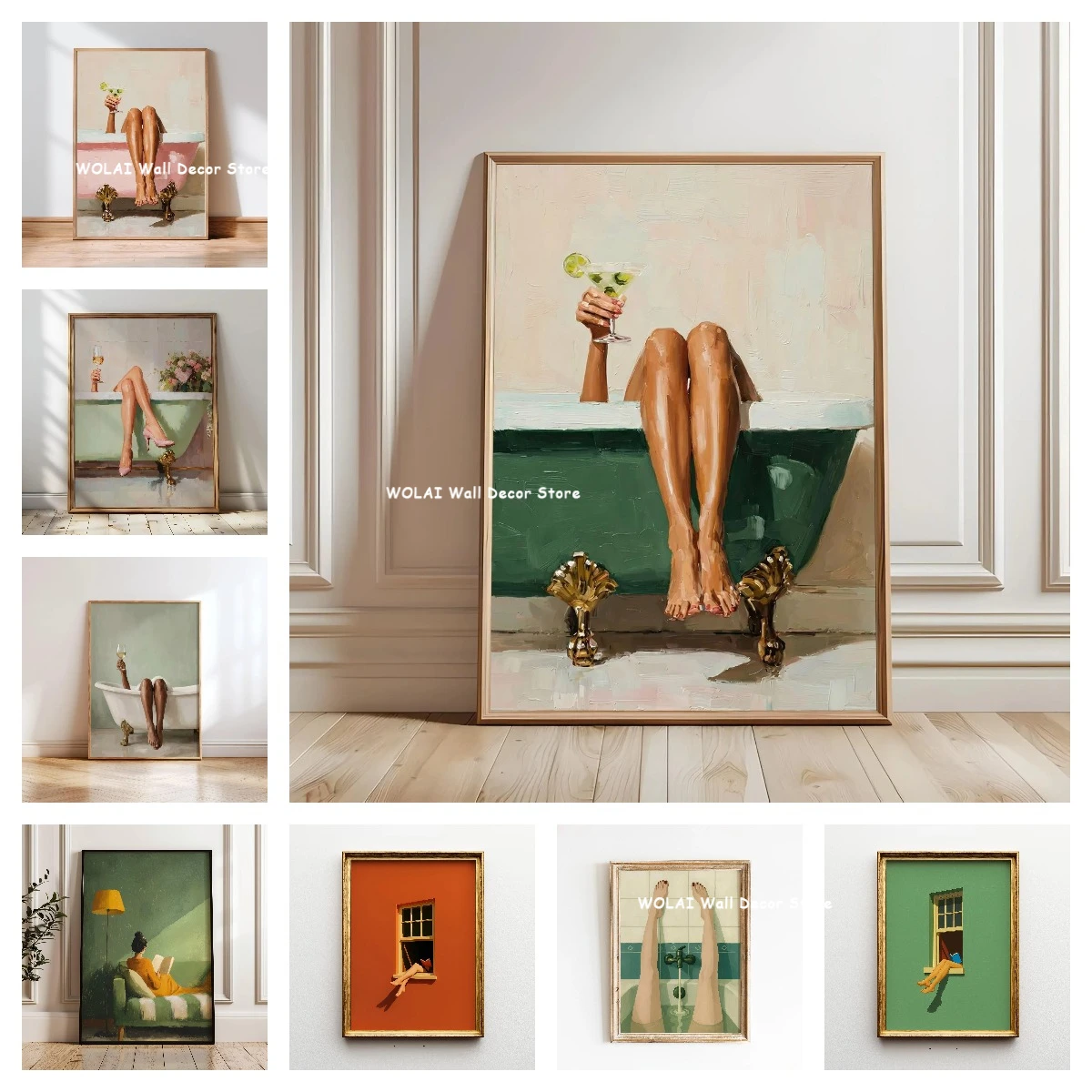 Black Woman Green Bathtub Canvas Printing Minimalist Green Portrait Woman Reading Wall Art Poster for Modern Toilet Home Decor