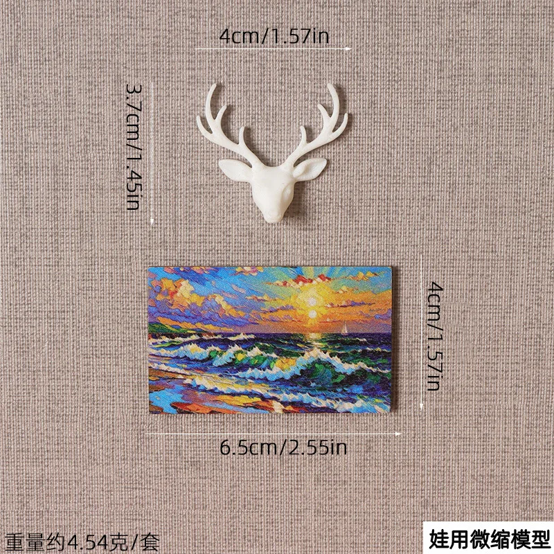 1set Dollhouse Mini Christmas Deer Head Decoration Mini Reindeer Head with Oil Painting Set Miniature Simulation Model Ornament