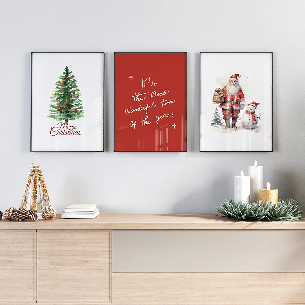 Christmas Tree Santa Claus Snowman Poster Print Wall Art Painting Canvas Print Holiday Wall Picture Living Room Xmas Home Decor