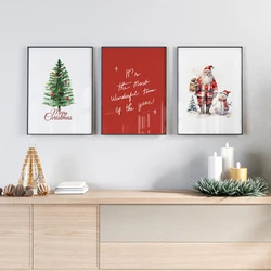 Christmas Tree Santa Claus Snowman Poster Print Wall Art Painting Canvas Print Holiday Wall Picture Living Room Xmas Home Decor