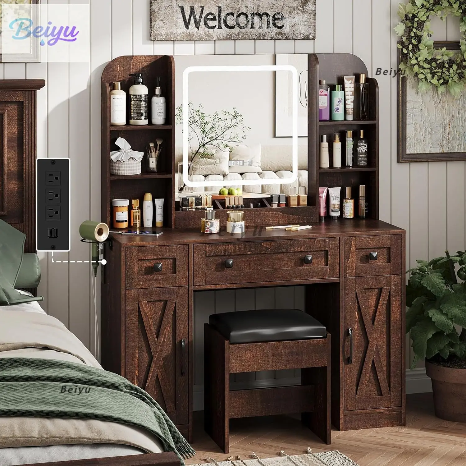 

Makeup dresser, dresser with lamp, makeup table with 3 drawers, 2 cabinets, 3 LED lighting modes