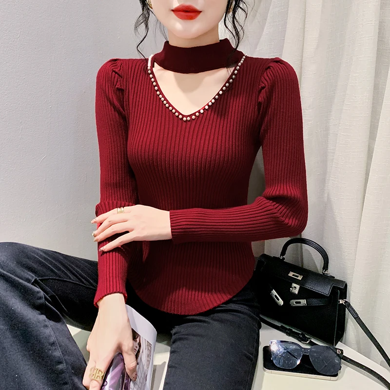 

2024 New Fall Winter Korean Clothes Knited Thicken Sweater Chic Sexy Hollow Out Shiny Beading Women Long Sleeve Slim Tops 311039