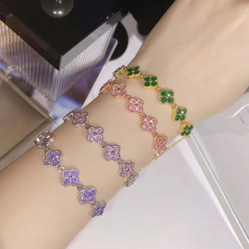 MDLFES مويسانيتي نمط ساكورا جديد البرسيم الملونة الكنز الزركون سوار مطلي 18 كيلو مجموعة صغيرة بسيطة #2