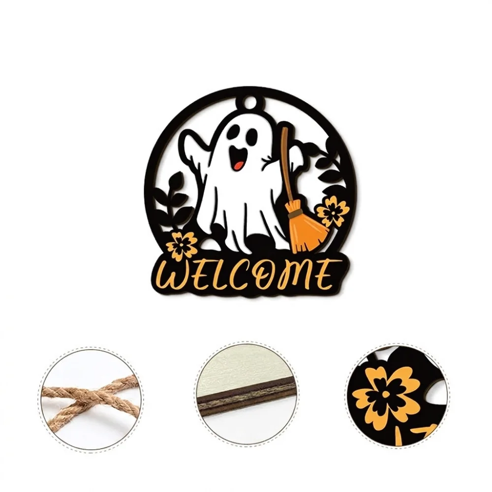 Round Halloween Ghost Door Hanger Cartoon with Witch Hat Ghost Hanging Plaque Rustic Hollow Out Halloween Front Door Decor