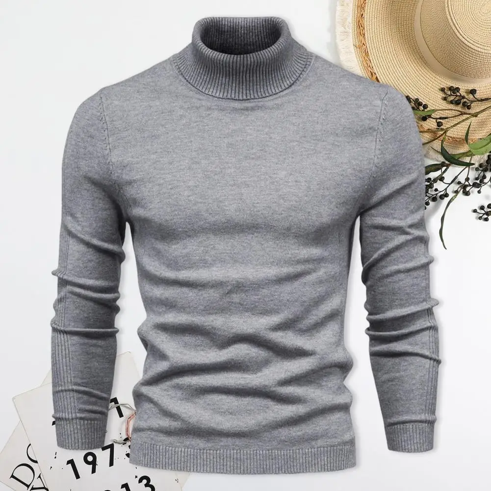 

Long Sleeve Pullover High Collar Knitted Men's Sweater Warm Soft Fall Winter Pullover with Slim Fit Solid Color Mid Length