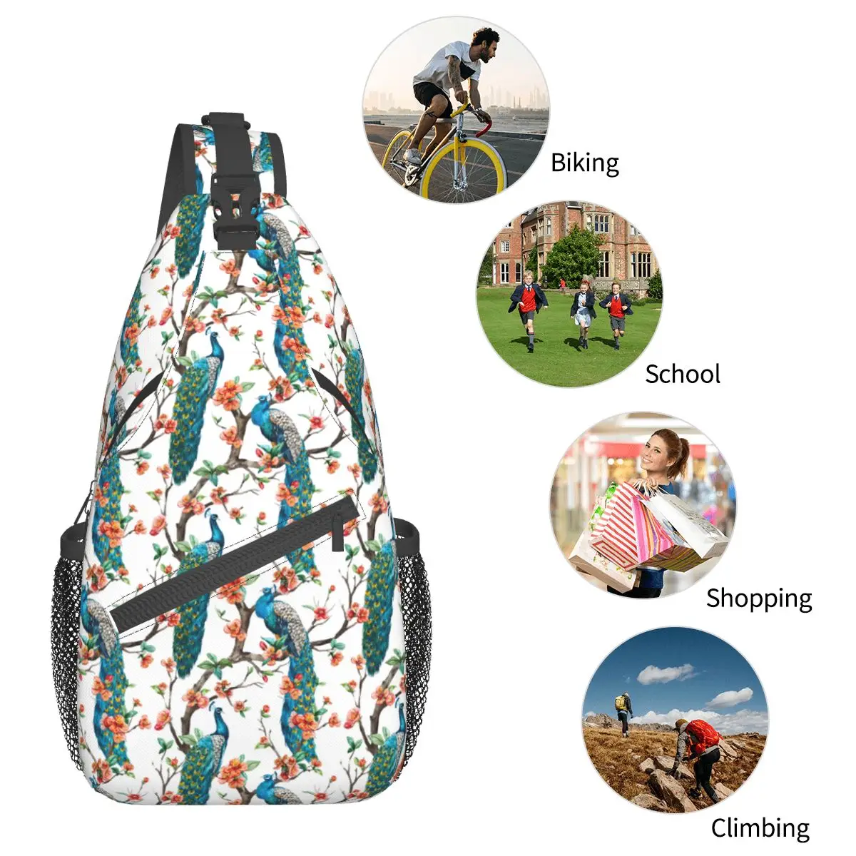 Sac à dos à bandoulière Peacock avec interconnexion de fleurs, petit sac de poitrine, sac à dos initié tropical, sac à dos de jour, voyage, randonnée, cyclisme, cartable