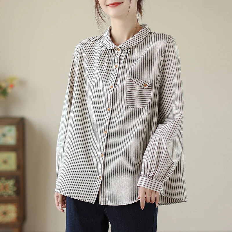 

Black White Striped Shirt Women Blouse Cotton Linen Shirt Spring Summer Long sleeved Top Loose Retro Long Shirt