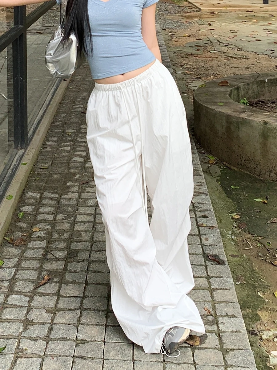 بنطلون نسائي أبيض واسع الساق بخصر مرتفع، سروال فضفاض غير رسمي للصيف، قصة مستقيمة وانسيابية، أسلوب G عصري للعمل #2