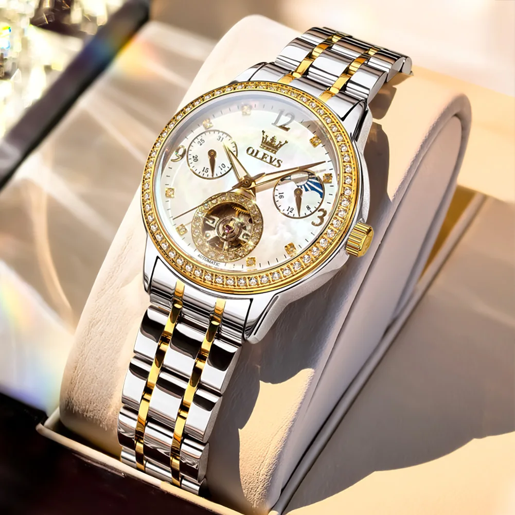 OLEVS 6750 Woman Automatic Watches Luxury Hollow Flywheel Mechanical Watches For Woman Waterproof Moon Phase Ladies Hand Clock