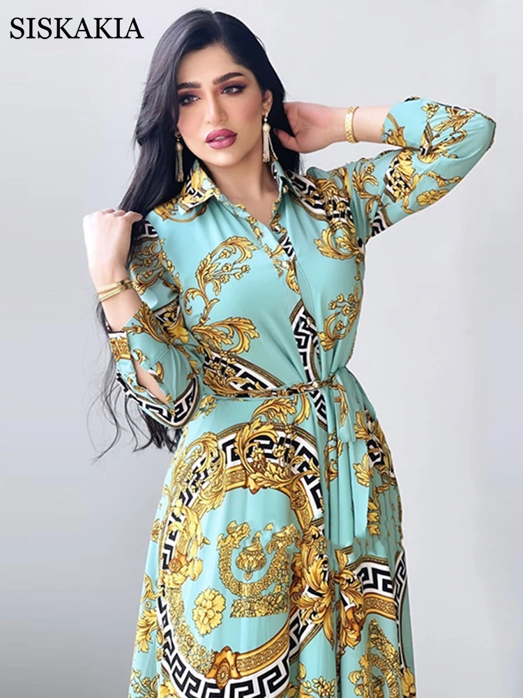 Ethnic Print Maxi Dresses for Women Single-breasted Lapel Shirt Dress Dubai Turkey Arabic Oman Middle East Clothing 2021 New