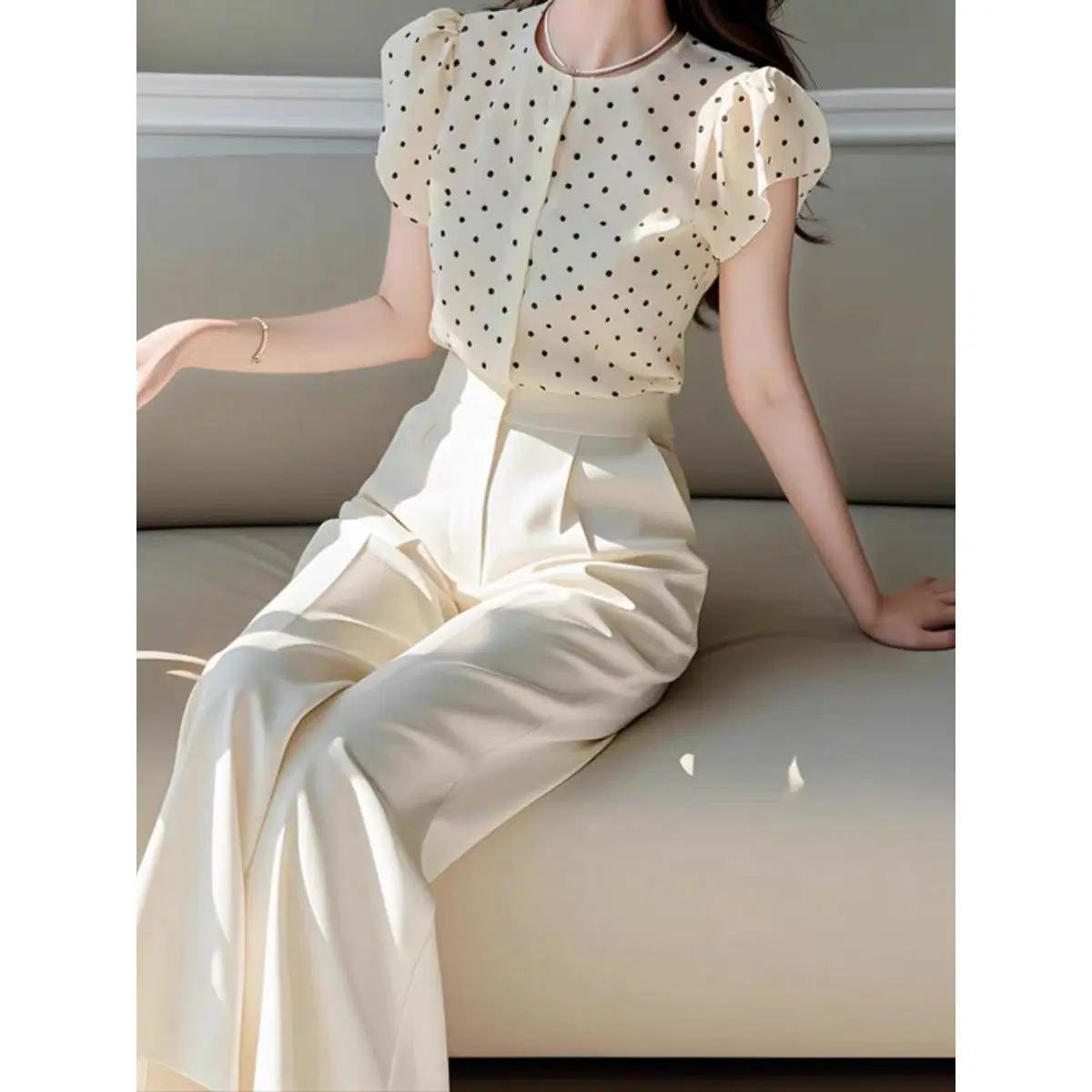 New Summer Elegant Women's Two Piece Set O-neck Puff Short Sleeve Dot Shirt Top + Wide Leg Pants Fashion Office Lady Suit