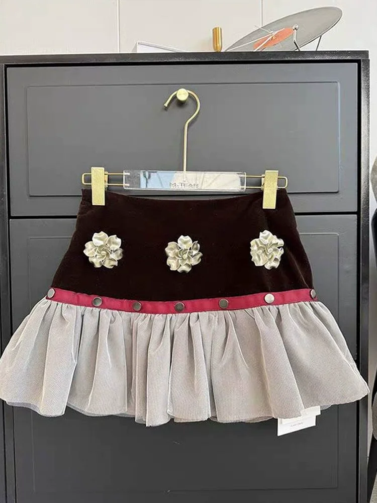 SALIENCY velours Patchwork Floral plissé Mini jupe femmes automne hiver