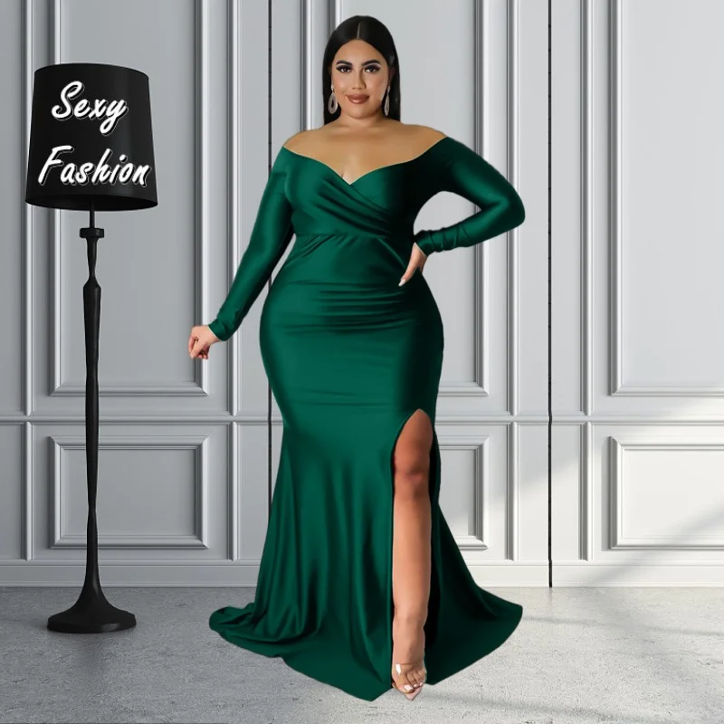 L-4XL 2023 Spring Women Clothing Fashion V Neck Long Sleeve Bodycon Split Sexy Party Evening Plus Size Dresses Female Outfits