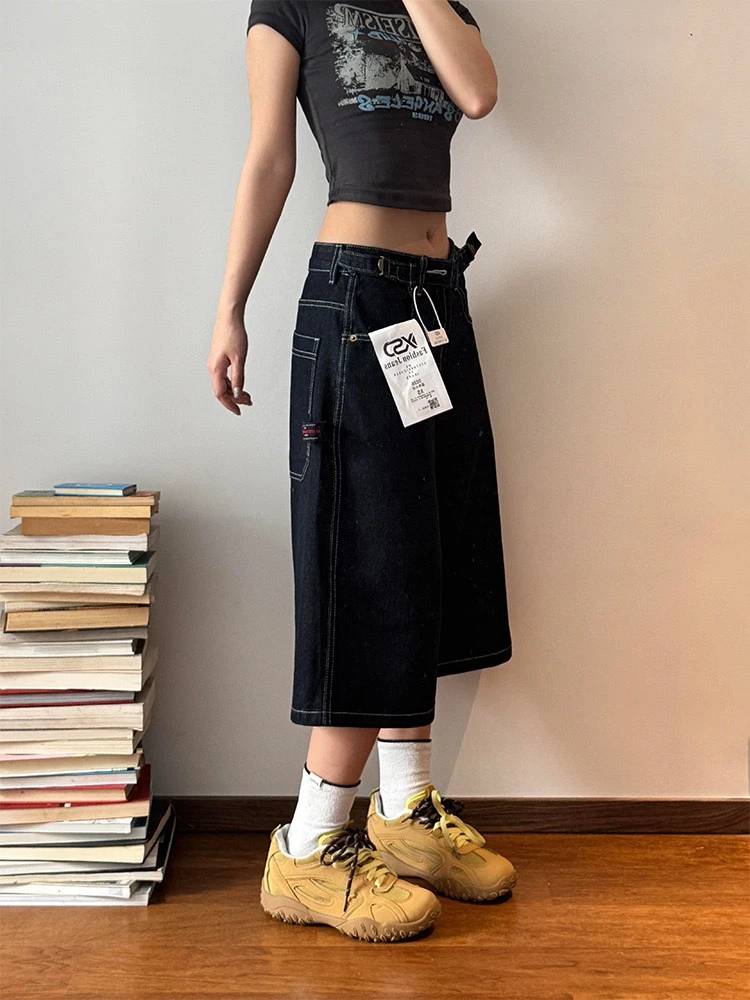 Amerikanische Retro Taille Gerade Bein Lose Jeans orts Frauen Sommer Hohe Taille Schlank High Street Sieben-Fuß Trendy Hosen