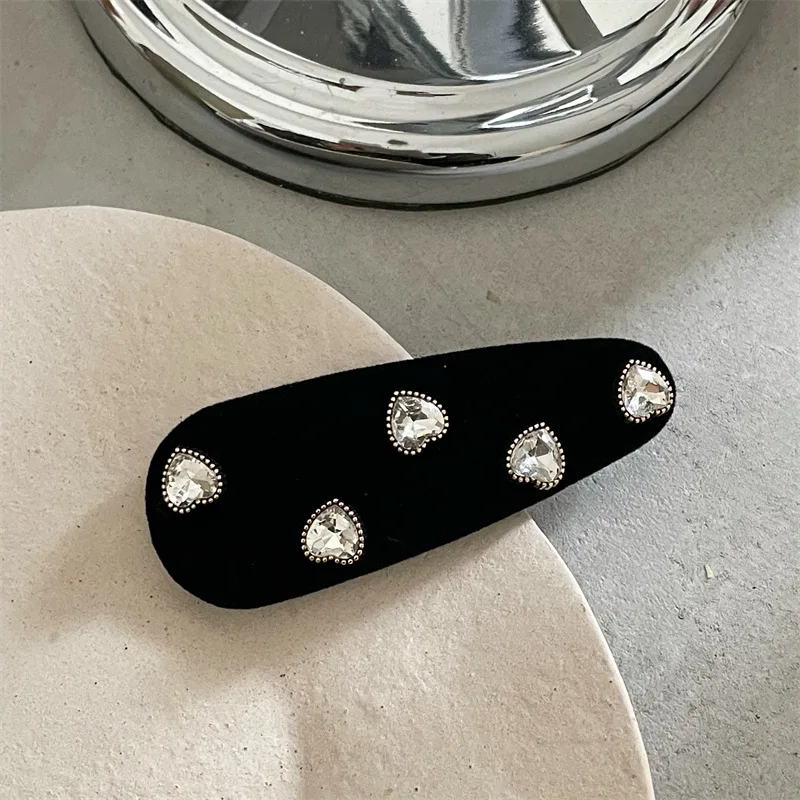 High-Grade Black Velvet Water Drop Square BB Clip Bang Clip Delicate Heart Rhinestone Barrettes Side Clip New Headwear