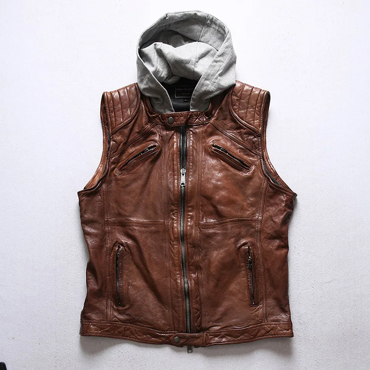 YR!Free shipping.High quality biker leather vest.luxury tanned sheepskin jacket.brand new leather clothes.Euro size.