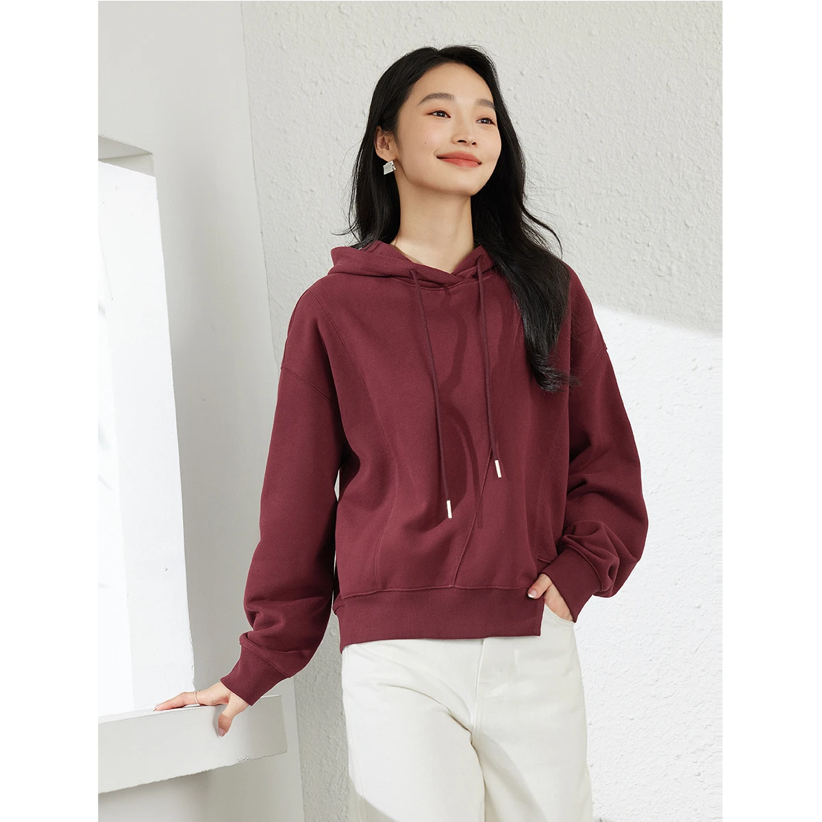 

VIMLY Hoodies Woman Casual Winter 2025 Draw String Fleece Lined Sweatshirt Knit Long Sleeve Asymmetrical Hem Ladies Tops M8183