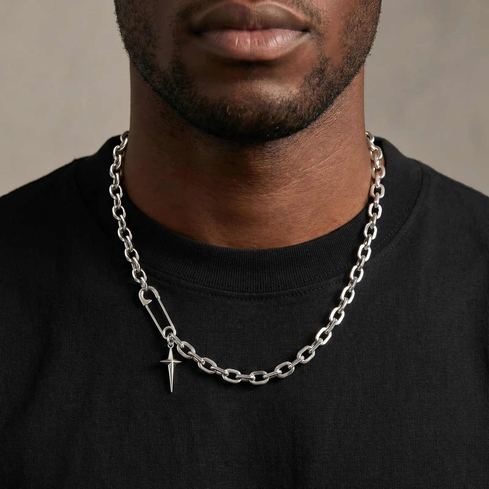 Hip-Hop-Spleißketten-Halskette für Männer und Jungen, Edelstahl-Büroklammer mit Vierpunkt-Stern-Anhänger, Punk-Streetwear-Schmuck – Detail 4