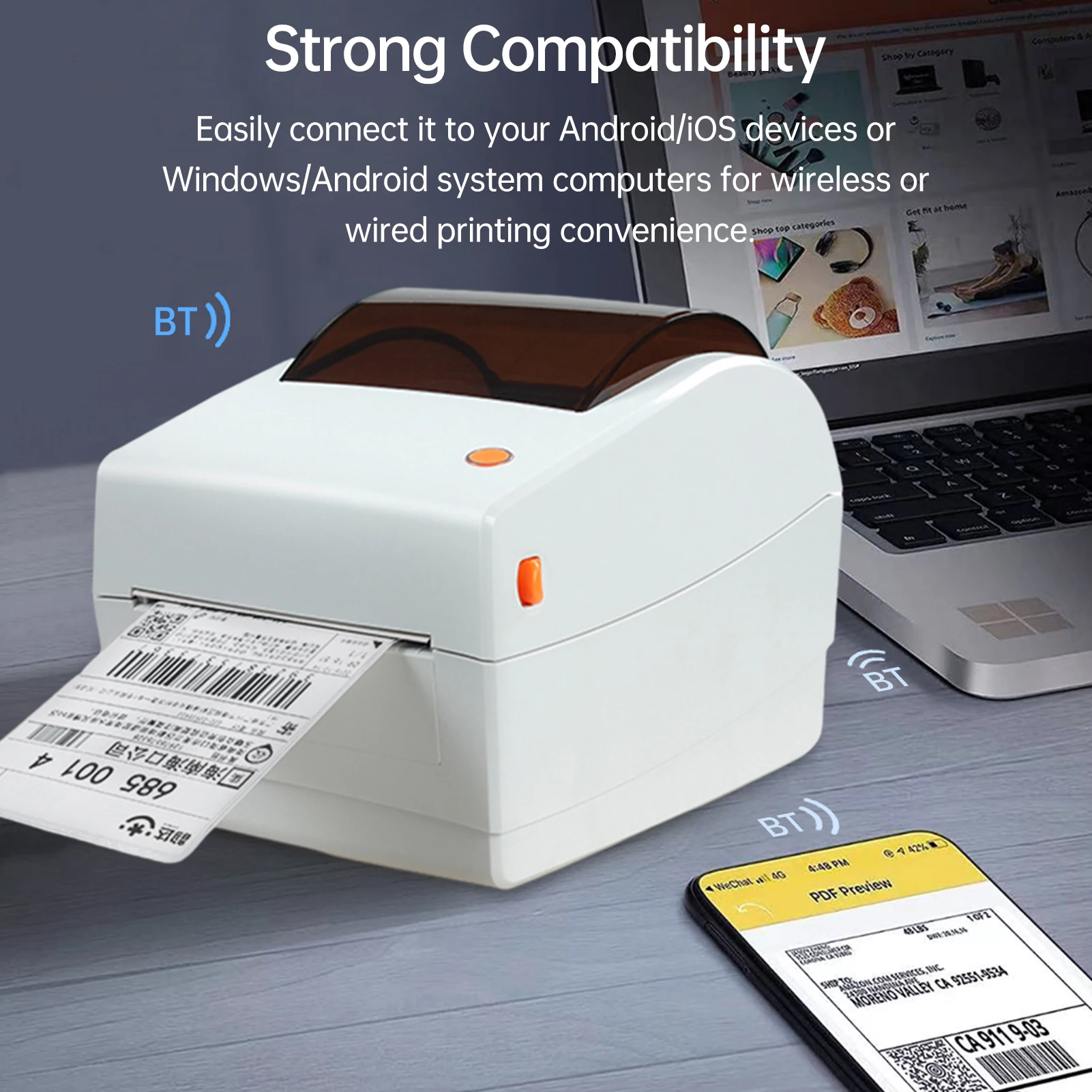 Bisofice Thermal Label Printer 4*6in Labels Printing Machine USB+BT Connection High Speed Commercial Desktop Direct Label Maker