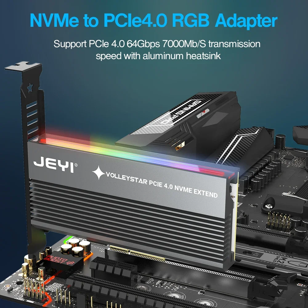 JEYI VolleyStar PCIE To NVMe Adapter With Aluminum Alloy  Heatsink, M.2 RGB PCIe 4.0 Card With 1/2U Low Standard Profile Bracket