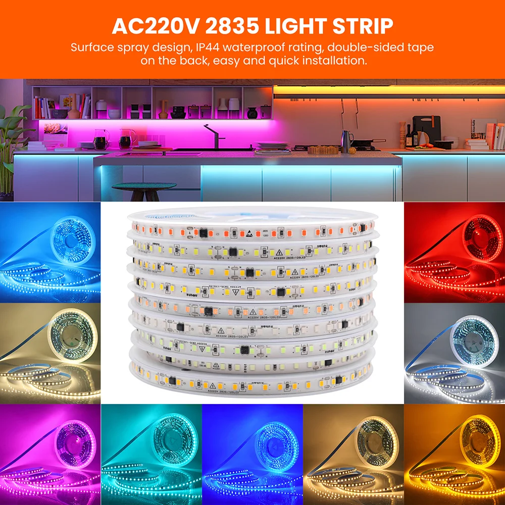 220V LED Light Strip with IC Chip 120LEDs No Power Required 5M 10M 20M 50M Flexible Adhesive Tape 8mm PCB Waterproof Home Decor