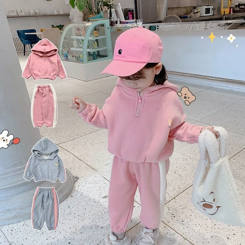 

Winter Warm Baby and Girls Hooded Half Zip Fleece Lined Sweatshirt Jacket+Sweatpant Set Kids Tracksuit Child 2PCS Outfit 1-10Yrs