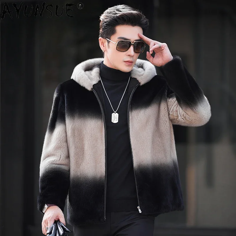 

AYUNSUE Hooded Natural Fur Coat Mink Jackets for Men 2023 New Fashion Winter Luxury Real Mink Fur Coats Casual Jaqueta Masculina