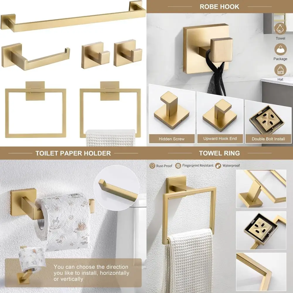 

6-Piece Brushed Gold Bathroom Hardware Set: 23.6 Towel Bar, Ring, Hook, and Toilet Paper Holder in Stainless Steel