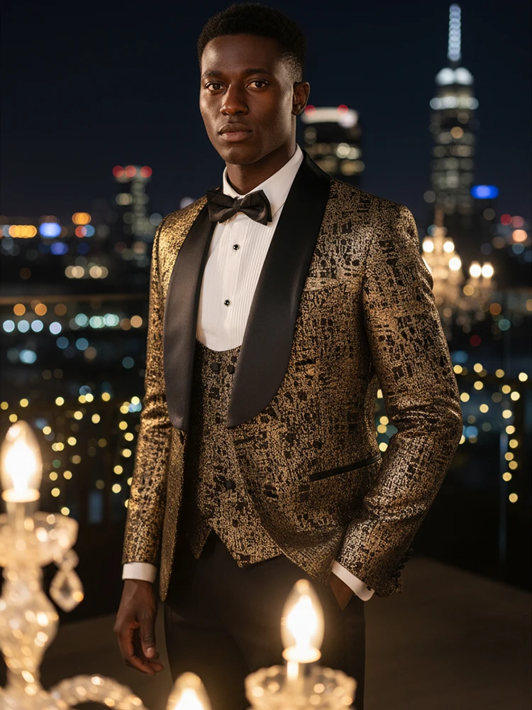 

Luxury men's suit 3-piece black gold groom's wedding suit set, men's slim Tasdo big shawl collar evening gown