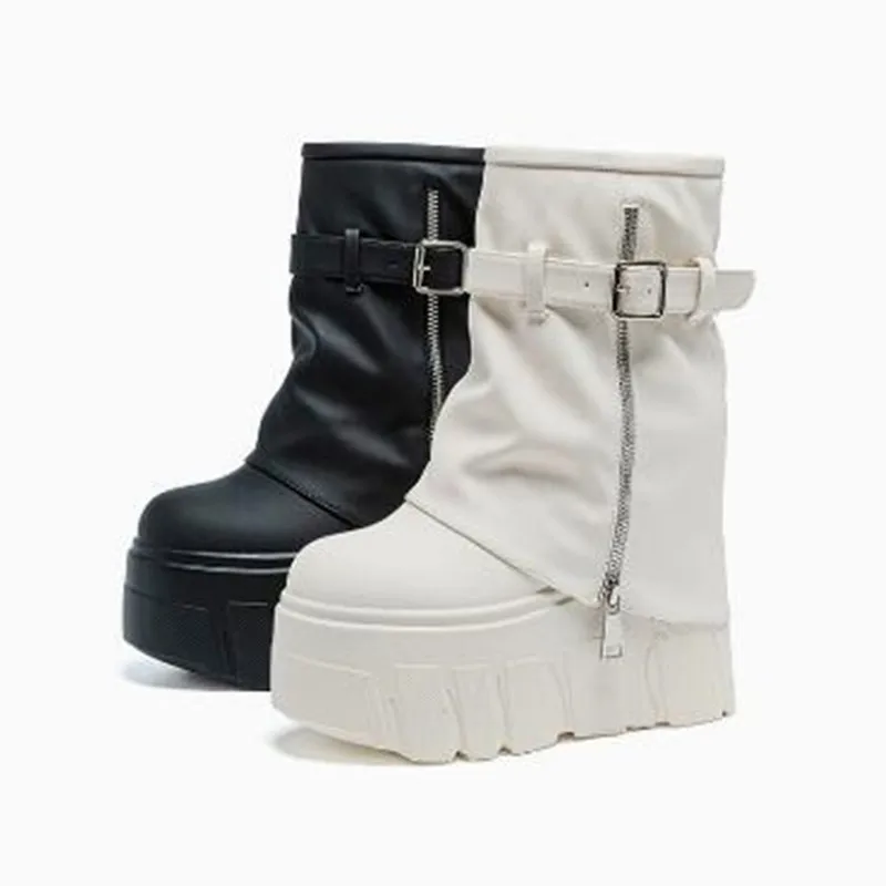 

Womens Ankle Boots 2026 Autumn Winter Thick Bottomed High Heels Side Zipper Belt Buckle Slim Fit Fashion Inner Heightening Boots
