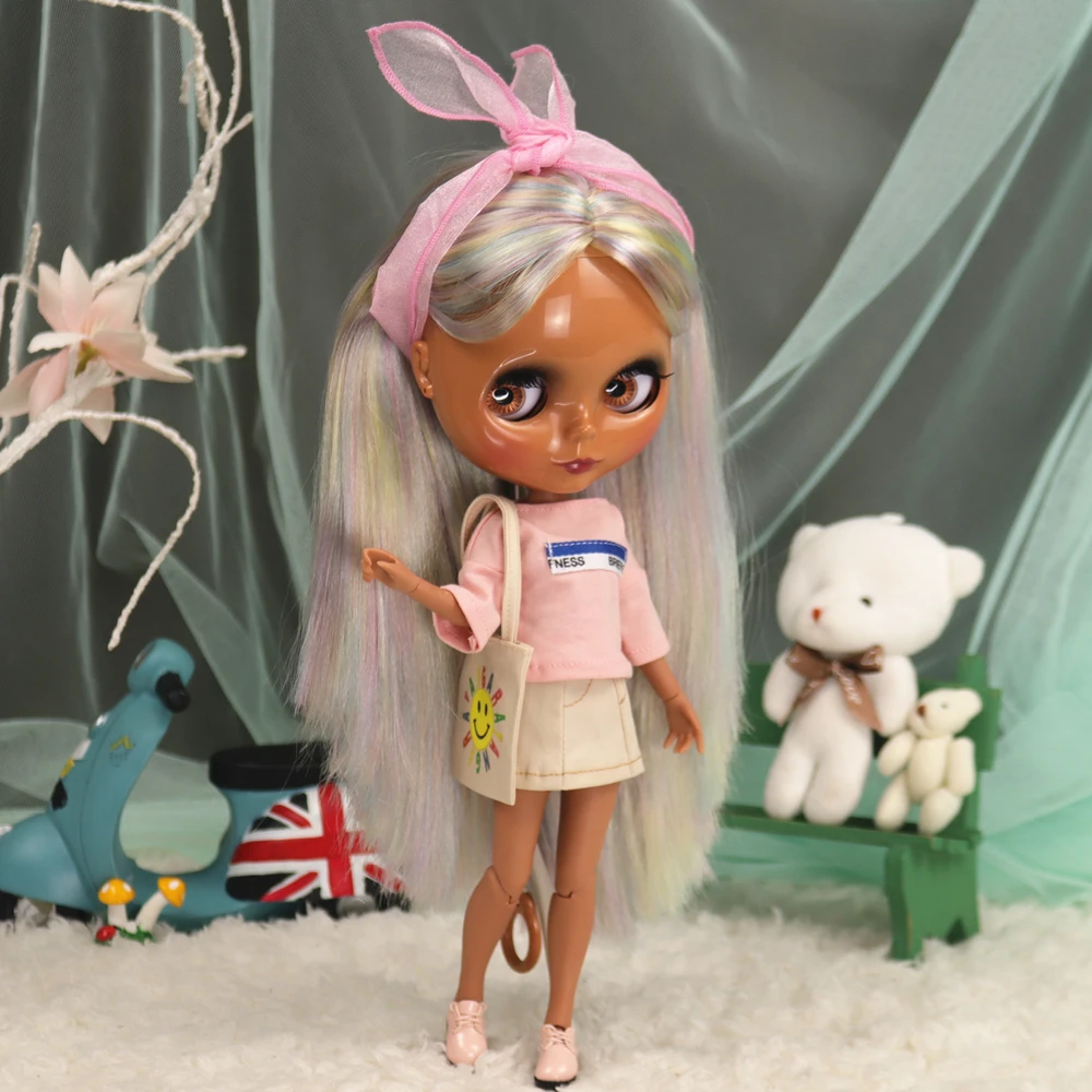 ICY DBS Blyth ตุ๊กตา Afro ผมเงินสายรุ้ง JOINT Body สีดำผิว1/6 BJD สาวอะนิเมะของขวัญ Ob24