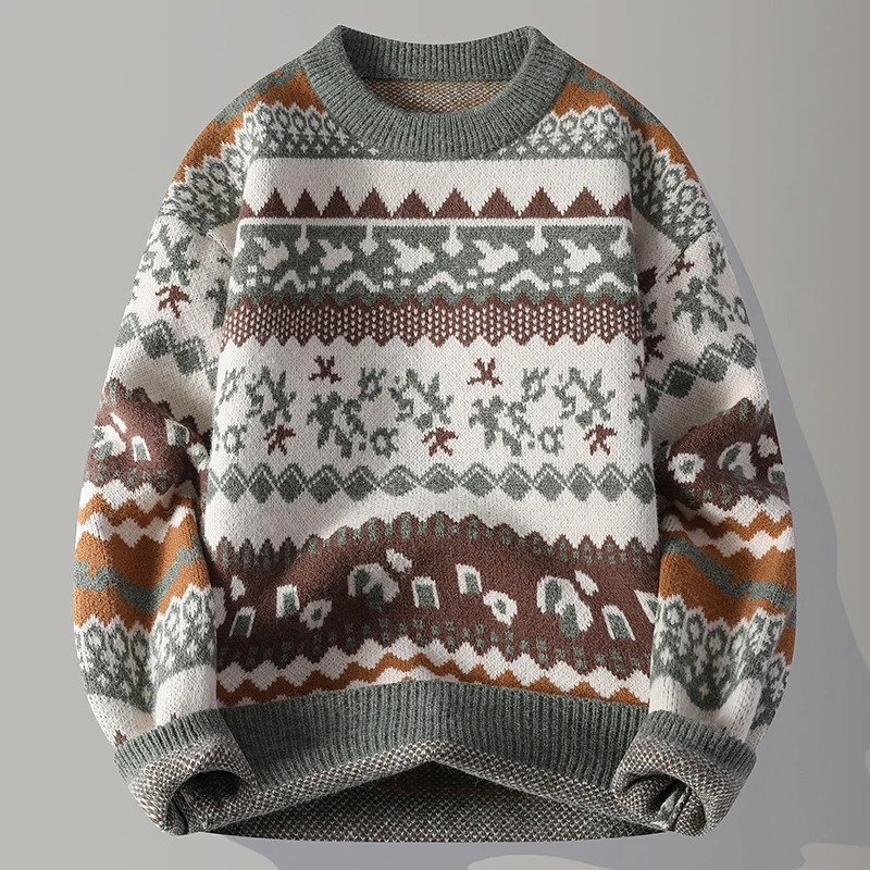 Men Heavyweight Fair Isle Knit Sweater, Crew Neck Vintage Geometric Pattern Long Sleeve Thick Warm Autumn Winter Casual Pullover