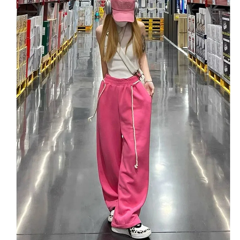 

American Style Fashion High Waist Trousers Womne Summer Sporty Style Straight Cylinder Solid Color Rose Red Loose Casual Pants