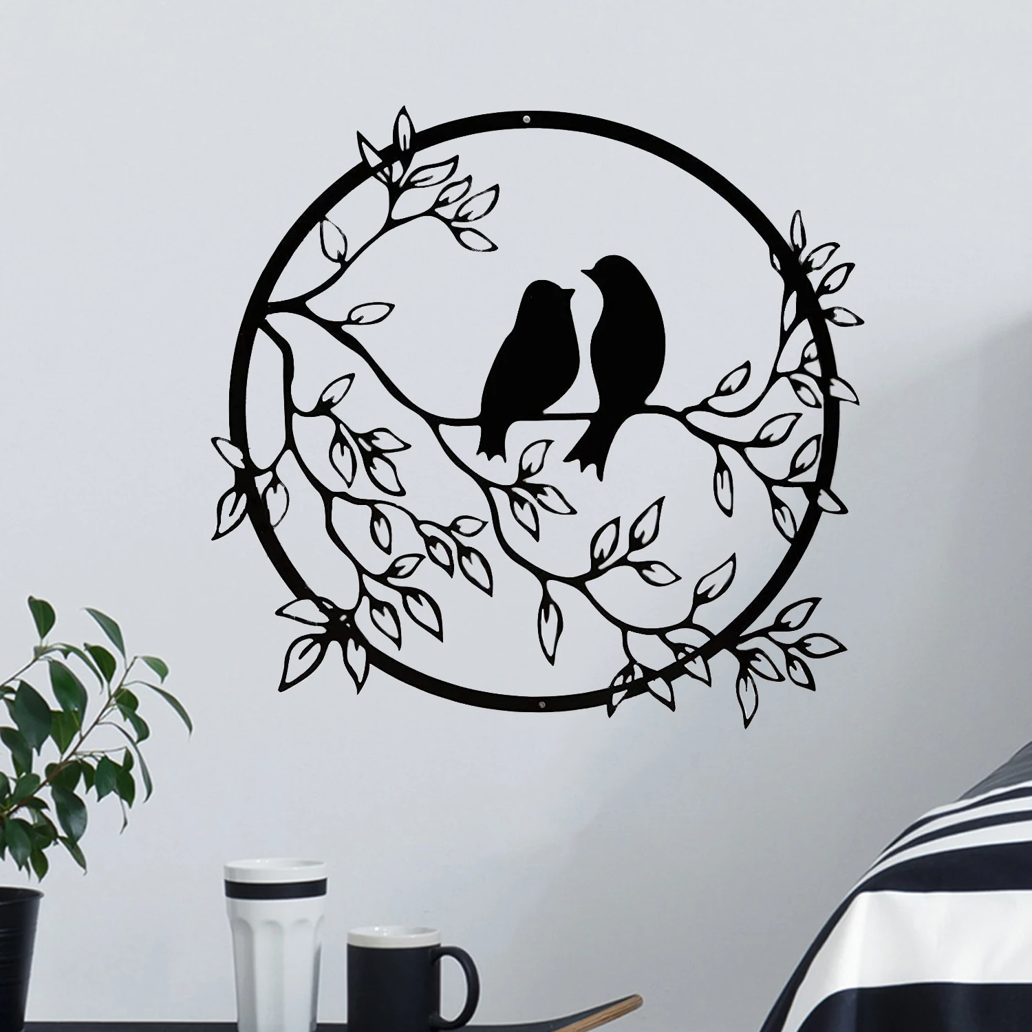 Black Metal Wall Art Birds on Branch Silhouette Wall Sculpture Hanging Sign Decor for Office Home Garden Bedroom Living Room