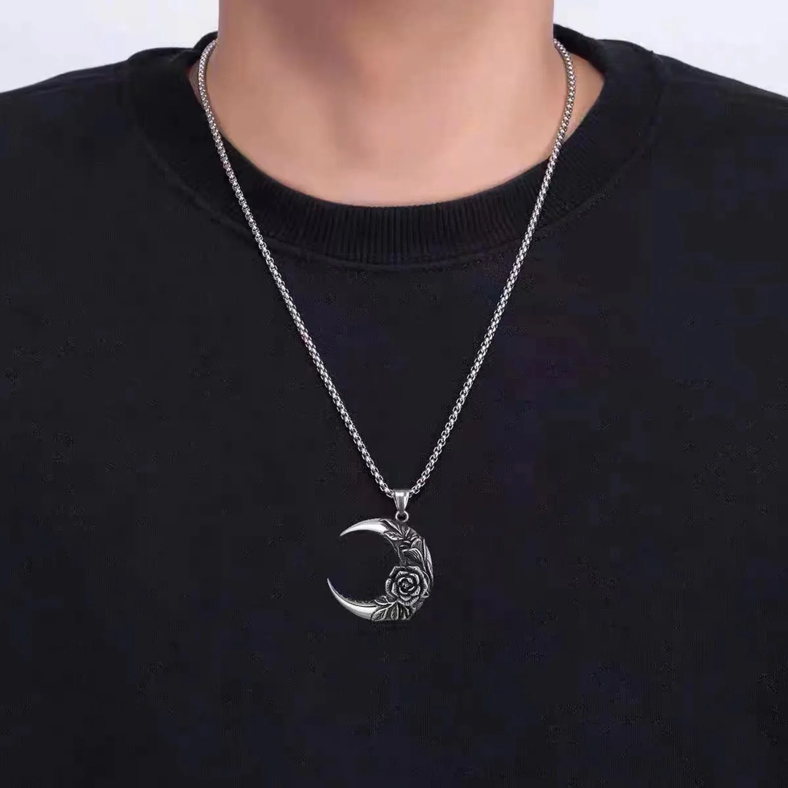 Vnox Big Moon with Rose Pendant Necklace for Men Women, Unisex Cool Plant Collar, Gothic Punk Rock Jewelry