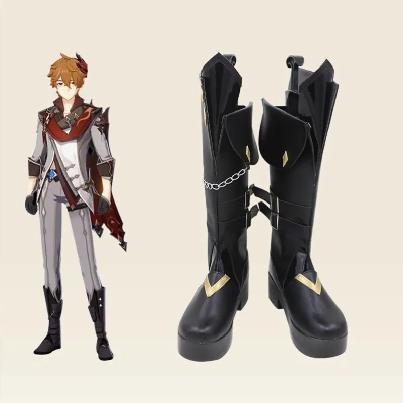 

GENSHIN IMPACT Tartaglia Косплей Костюм Обувь Черные ботинки ручной работы из искусственной кожи Хэллоуин Карнавальный реквизит