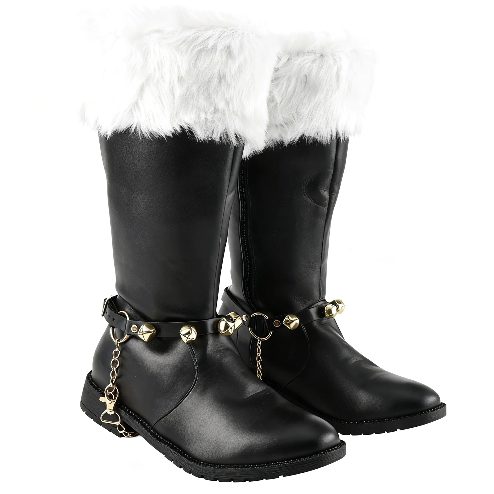 メンズ サンタ クリスマス ブーツ 新年 コスプレ レッド ブラック レザー シューズ ホワイト プラッシュ コスチューム 小道具