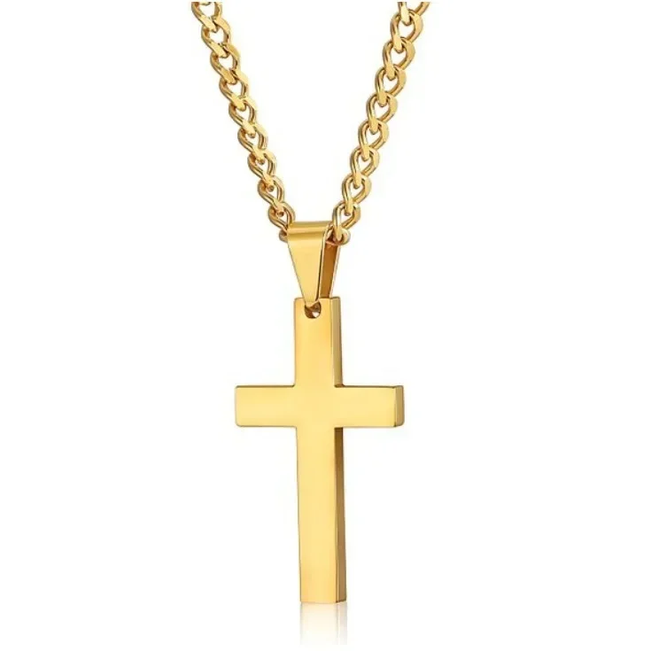 High Quality Glossy Simple Christian Cross Pendant Necklace Men's Catholic Faith Lucky Jewelry