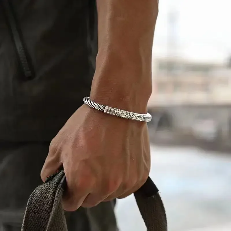 Pulsera Mantra tibetana Retro de seis caracteres, pulsera chapada en plata con apertura de loto y escritura, pulsera trenzada para hombre
