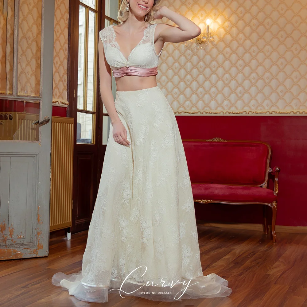 Curvy Romantic Lace Two‑Piece A‑Line Wedding Dress for Women V‑Neck Pink Satin Bow‑Back Floor‑Length Bridal Gown Wedding Party